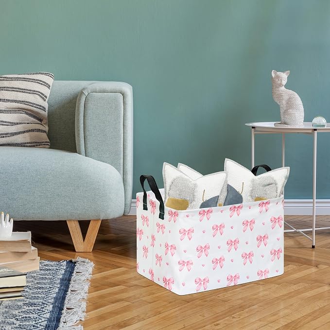 Pink Bow Canvas Storage Basket Waterproof Laundry Hamper - Image 7