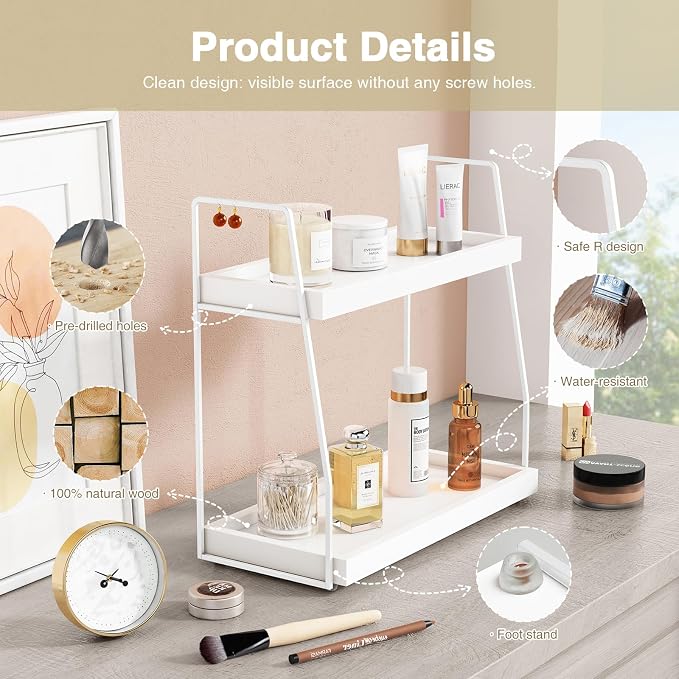 Forbena White 2 Tier Bathroom Organizer Countertop, Small Counter Top Organizer - Image 7
