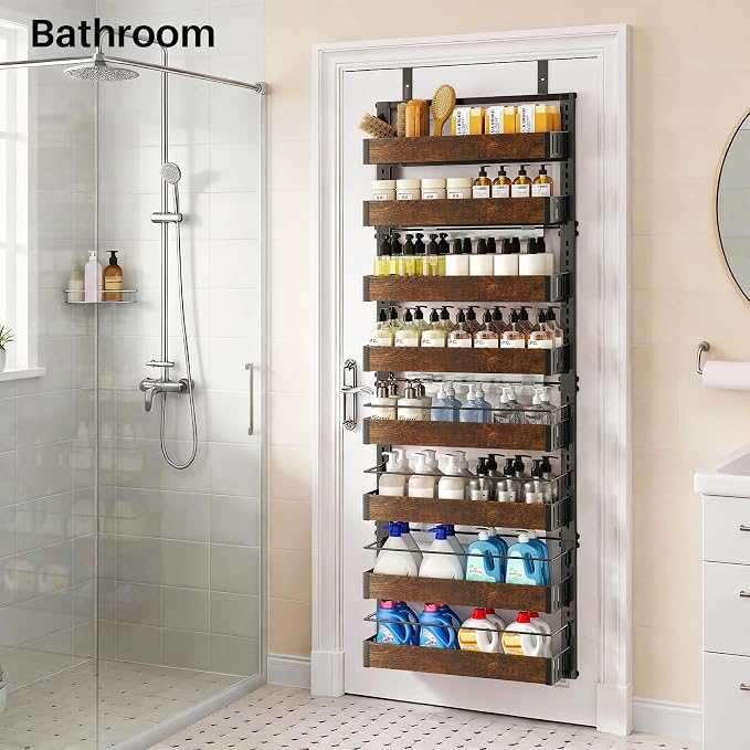 SNTD 8 Tiers Wooden Over Door Organizer, Rustic Brown | Pantry Door Organizers - Image 9