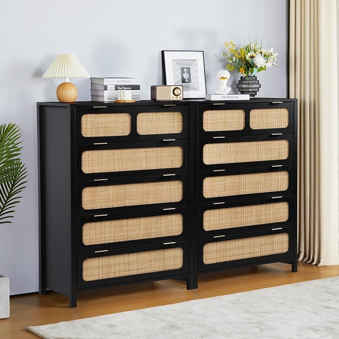 LEVNARY 5 Drawer Chest Dresser, Rattan Tall Dresser 5 Chest of Drawers Dressers - Image 8