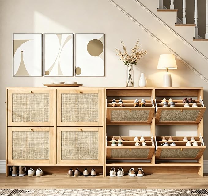 Nicetree Modern Rattan Shoe Cabinet, 4 Flip Drawers & Adjustable Shelves - Image 7