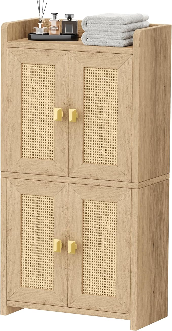 Akxomel 15" Rattan Small Bathroom Cabinet 4 Doors Adjustable Shelf Oak | - Image 8