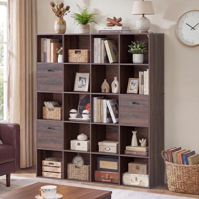 Walnut Cube Storage Bookcase, Rustic Brown 20 Cube Storage Organizer, Wooden - Image 9