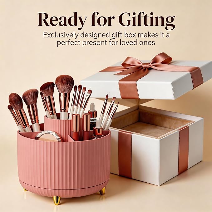 360 Rotating Makeup Brush Holder Organizer, 5-Slot Pink Spinning Cup - Image 7