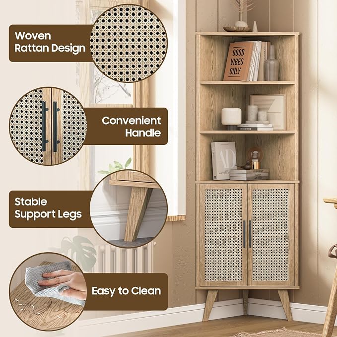 Corner Cabinet with Rattan Doors, Tall Farmhouse Corner Display Shelf with - Image 7