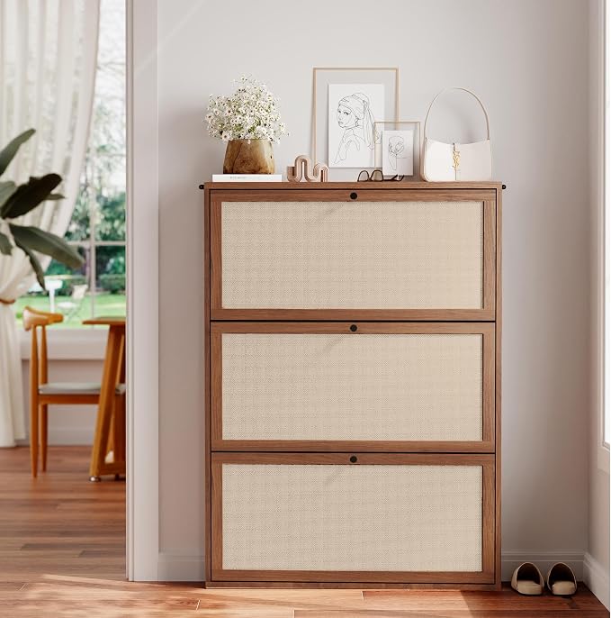 Rattan Shoe Cabinet with 3 Flip Drawers, Simple Setup Hidden Shoe Rack - Image 9