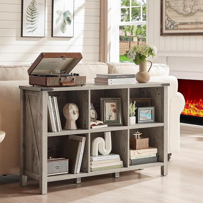 Farmhouse 6 Cube Bookshelf, Rustic Grey Oak Wooden Storage Organizer Book Shelf - Image 8