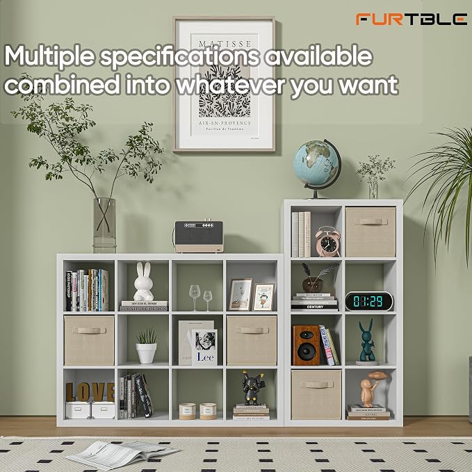 furtble Bookshelf with Storage Bin, 4-Cube Storage Organizer, Modern Wood Open - Image 7