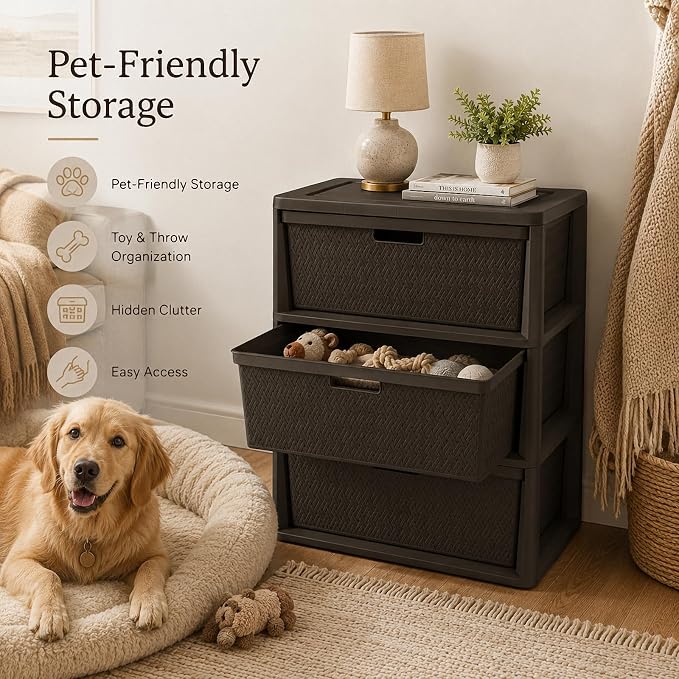 3 Drawer Wide Storage Tower, Cross-Weave Plastic, Espresso Brown | Tool-Free - Image 9