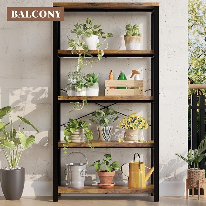 5-Tier Adjustable Heavy Duty Bookshelf, Industrial Wooden Open Storage Rack - Image 8