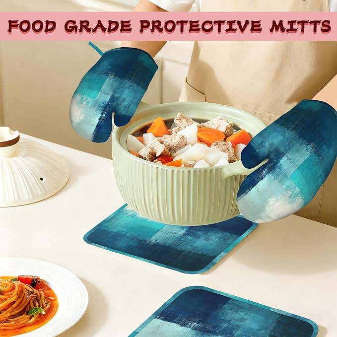 Turquoise Grey Oven Mitts and Pot Holders, Teal Modern Art Heat Resistant - Image 7