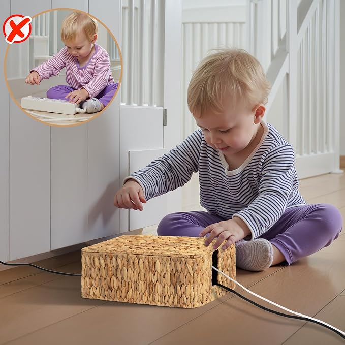 StorageWorks Cable Management Box, 2 Slots Wicker Cable Organizer to Hide Cords - Image 8