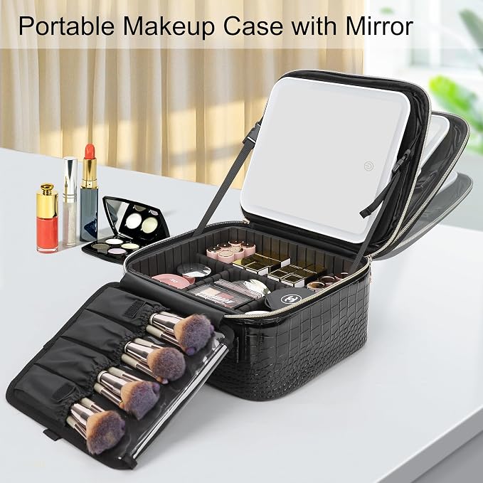 Relavel Makeup Train Case With LED Mirror, Professional Travel Cosmetic Bag - Image 8