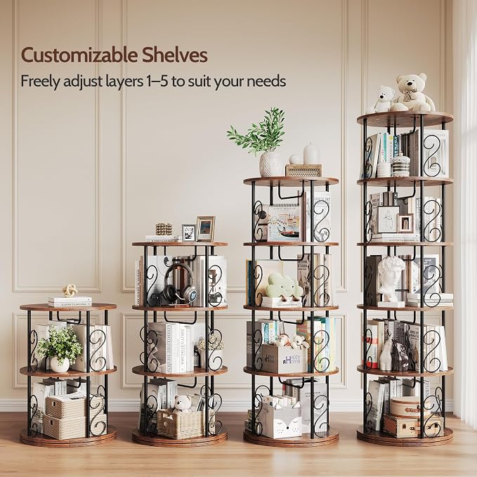 5 Tier Rotating Bookshelf, 360 ° Display Corner Book Shelf, Stackable Spinning - Image 8