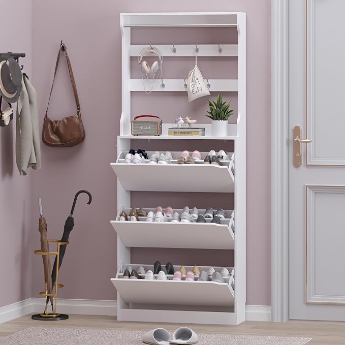 BORNOON Shoe Cabinet with 3 Flip Drawers & Coat Rack, Narrow Hidden Shoe - Image 7