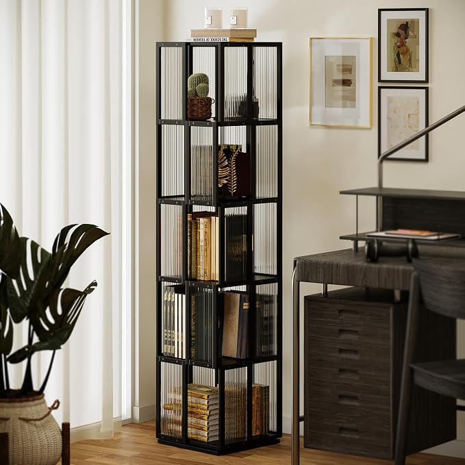 BAMEOS Solid Wood Rotating Bookshelf Tower 5 Tier,360°Storage Spinning Bookcase - Image 9