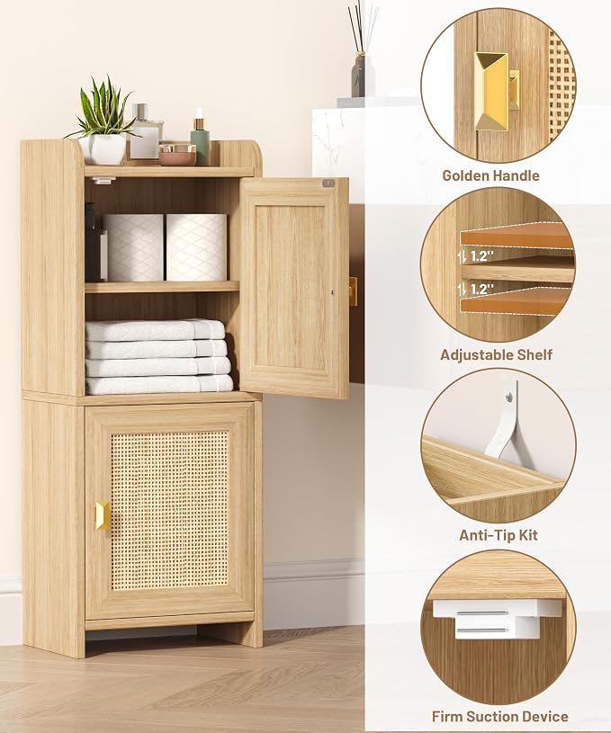 Akxomel Rattan Small Bathroom Cabinet Narrow Toilet Paper Organizer Oak | - Image 8