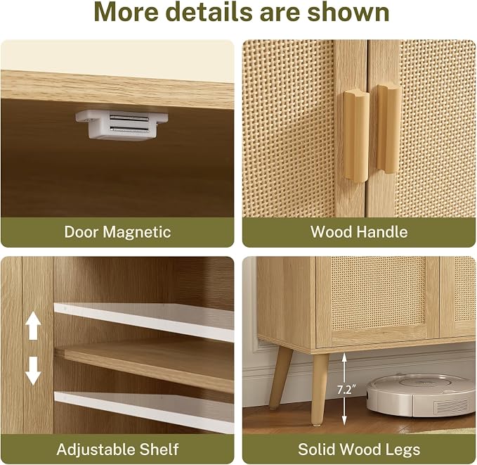 Iwell Storage Cabinet with 2 Shelves, Rattan Cabinet with 2 Doors, Sideboard - Image 8