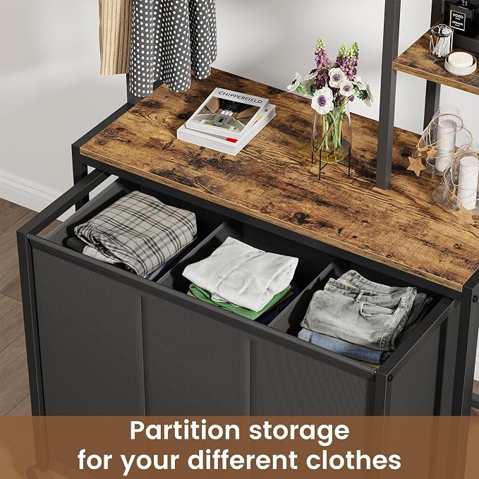 Laundry Hamper with 3 Section Rolling Bags and Shelf, 4 Tiers Tall Laundry - Image 7