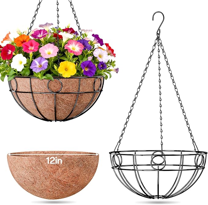 2 Pack Round Hanging Baskets for Plants Outdoor, 12 Inch Metal Wire Planter - Image 9