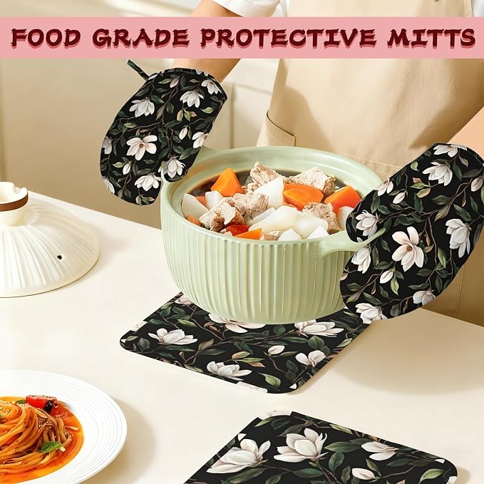 White Magnolia Oven Mitts and Pot Holders, Heat Resistant Non-Slip Silicone - Image 7