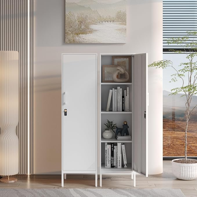 White Metal Locker Cabinet, 59.1" Lockable Storage Locker - Image 7
