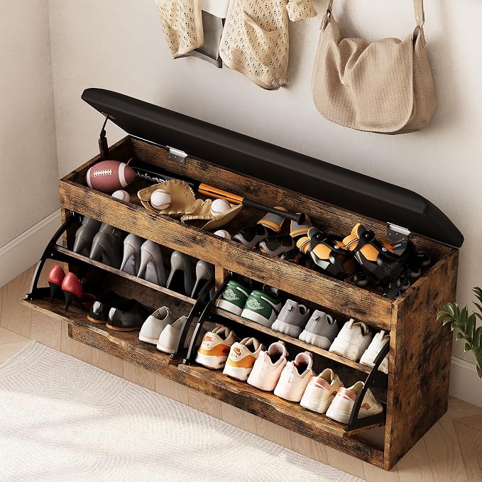 40" Shoe Storage Bench with 2 Flip Drawers & Padded Seat Cushion, Shoe Cabinet - Image 8