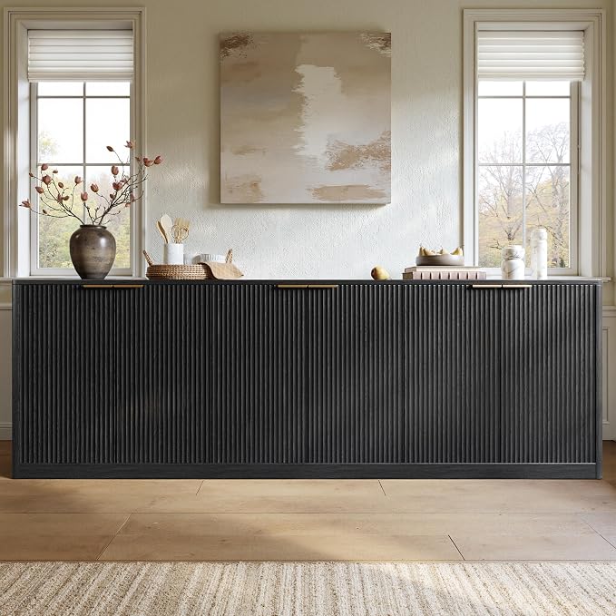 Evermagin 94" Fluted Black Buffet Cabinet Sideboard - Image 6