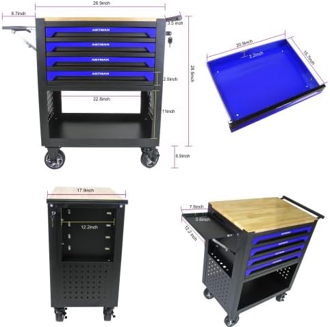 36" Tool Box with Wheels 4 Drawers Rolling Tool Cart, Wooden Top Workbench - Image 3