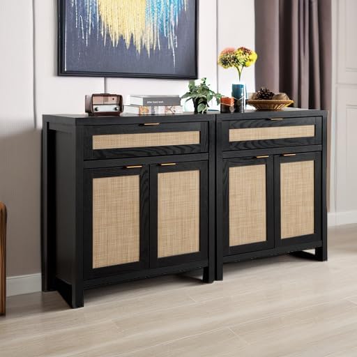 SICOTAS Sideboard Buffet Storage Cabinet Set of 2, Rattan Credenza Buffet Table - Image 6