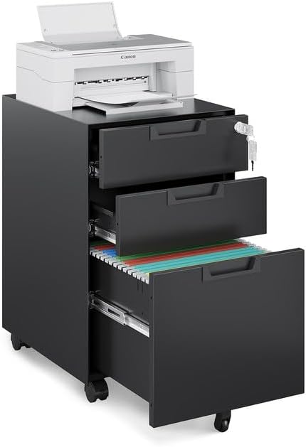 Mobile File Cabinet, 3 Drawer Locking Storage Filing Cabinet, Office Metal by LISSIMO
