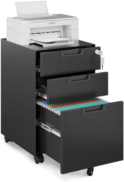 Mobile File Cabinet, 3 Drawer Locking Storage Filing Cabinet, Office Metal by LISSIMO
