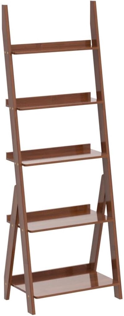 Maydear Bamboo Ladder Shelf Bookcase, 5-Tier Leaning Bookshelf Free Standing - Image 4