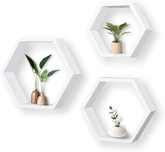ROSE BLOOM Set of 3 White Wood Hexagon Shelves by ROSEBLOOM