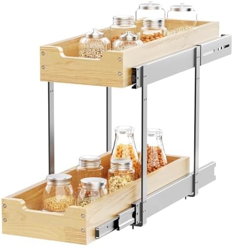 Wood Pull Out Cabinet Organizer 2 Tie 9" W x 21" D, Heavy-Duty Sliding Drawers by SikarouStorageSpecialist