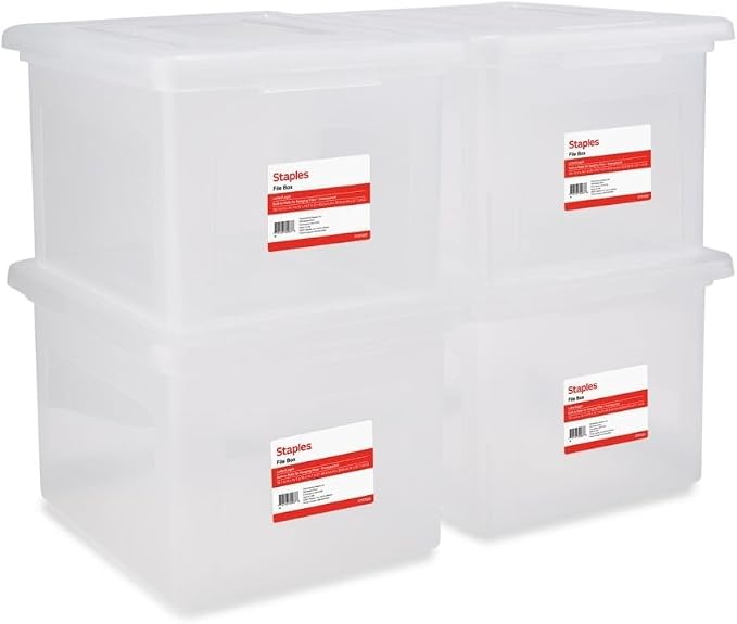 STAPLES Plastic File Box with Snap Lid, Letter/Legal Size, 4/Carton | Stackable by Staples