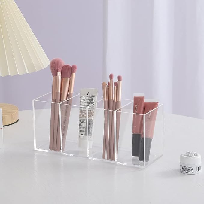 HSYMQ Acrylic Pen Holder 4 Compartments Clear Pencil Holder Organizer Makeup - Image 2
