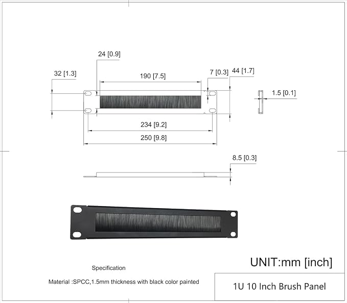 1U Mini 10 inch Brush Cable Management Panel Cable Manager - Image 3
