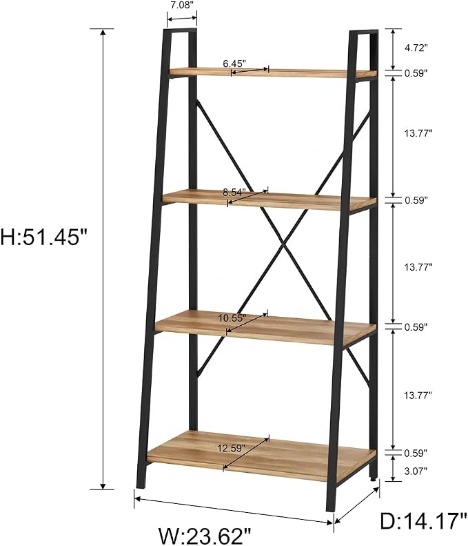 BON AUGURE Farmhouse Ladder Shelf Bookcase, 4 Tier Rustic Ladder Bookshelf - Image 3