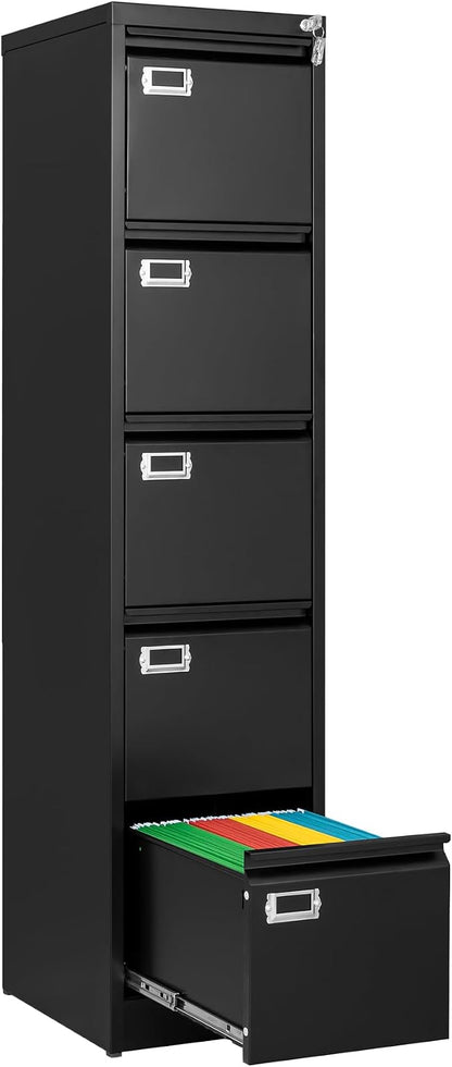 File Cabinets - 5 Drawers Vertical 17.8" Deep Lockable Filing Cabinet - Black & by Fesbos