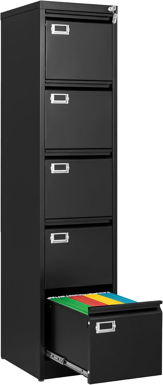 File Cabinets - 5 Drawers Vertical 17.8" Deep Lockable Filing Cabinet - Black & by Fesbos