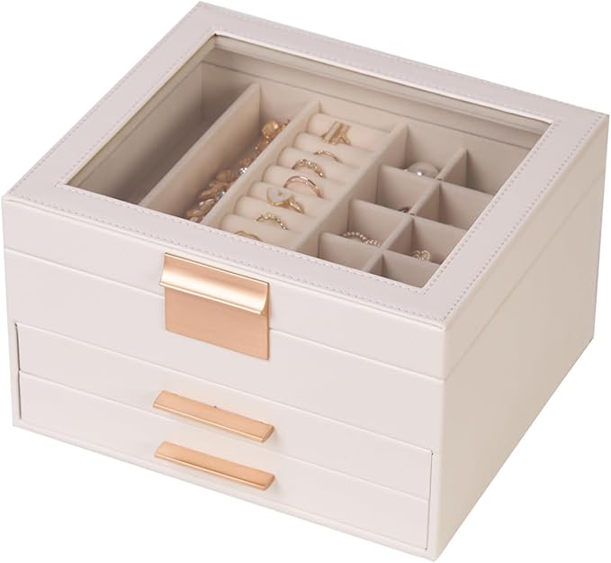 Jewelry Box Organizer with Glass Lid, 3-Layer Jewelry Storage, with 2 Drawers by Unknown