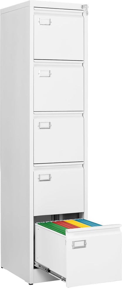 File Cabinets - 5 Drawers Vertical 17.8" Deep Lockable Filing Cabinet - White by Fesbos
