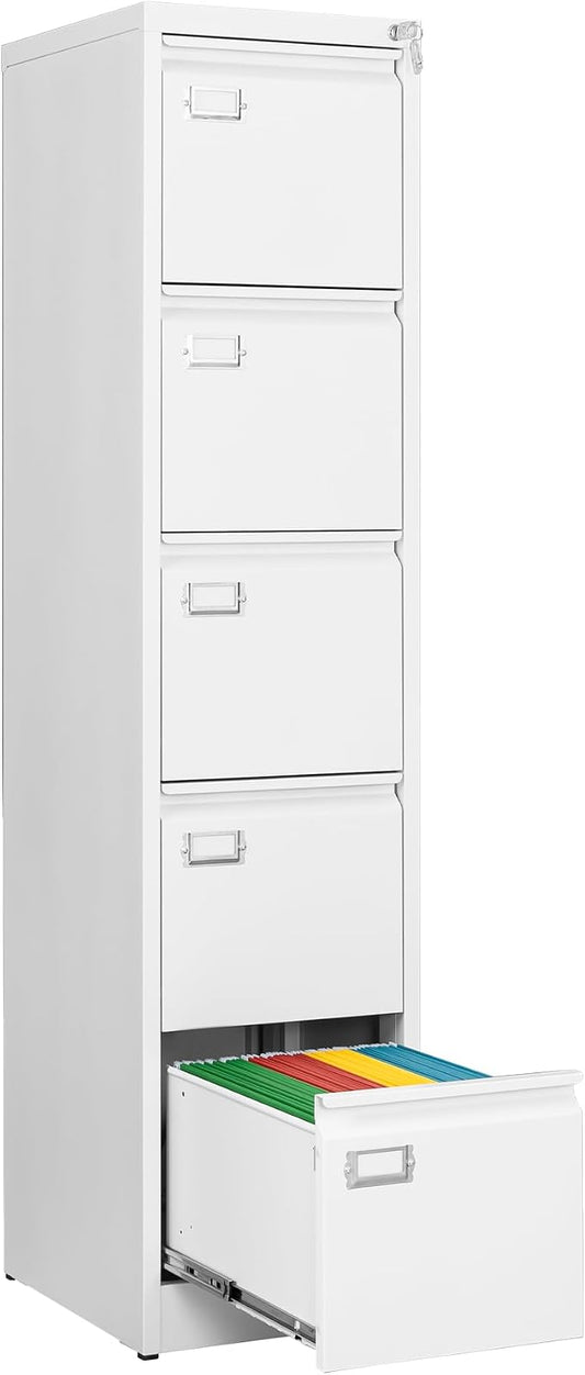 File Cabinets - 5 Drawers Vertical 17.8" Deep Lockable Filing Cabinet - White by Fesbos