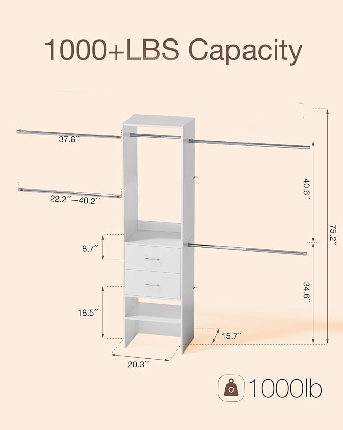 Closet System with Drawer, 5-8FT Closet Organizers System with 5 Adjustable - Image 5