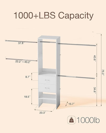 Closet System with Drawer, 5-8FT Closet Organizers System with 5 Adjustable - Image 5