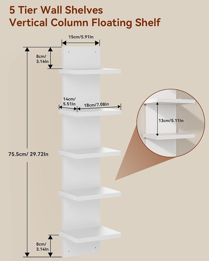 IBUYKE 5 Tier Wall Shelf Unit, Decorative Wall Mount Vertical Shelving - Image 3