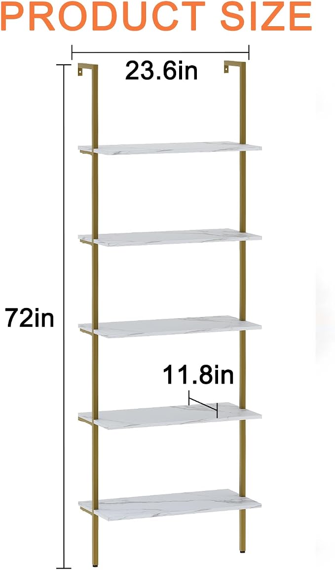 5 Tiers Ladder Shelf White Marble Modern Bookshelf Open Tall Wall Mount - Image 3