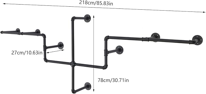 Industrial Pipe Clothes Rack Wall Mounted, 85.83 inches Heavy Duty Iron Pipe - Image 2