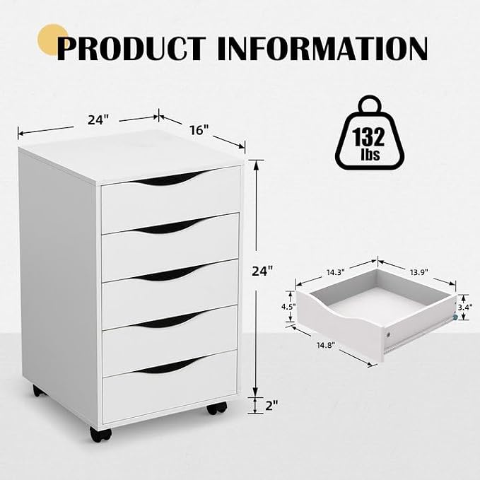 QDSSDECO 5 Drawer Chest Wood File Cabinet Rolling Storage Dresser - Image 3